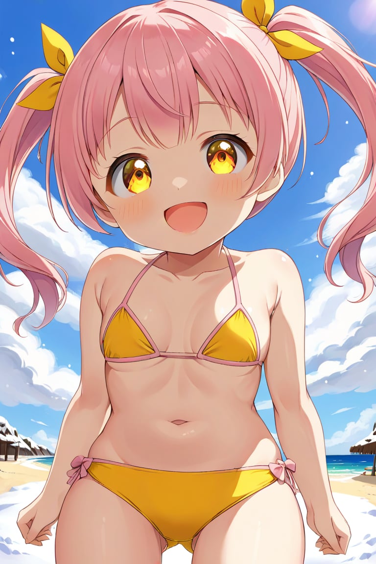 loli, happy face,  yelloe pink hair, twin_tails, yellow_eyes, down_view, snow beach, yellow bikini