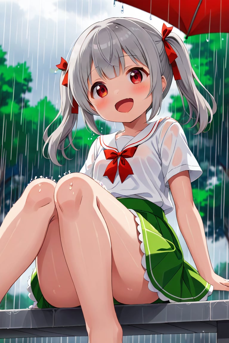 loli , happy face, twintails, gray hair, red_eyes, down_view, rain park, white shirt, green skirt, sitting, sticking_out_tongue, leg_spread