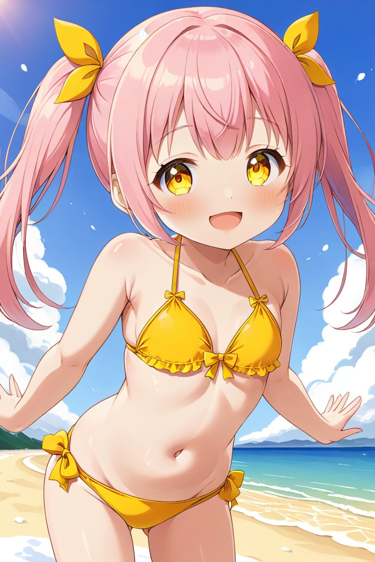 loli, happy face,  yelloe pink hair, twin_tails, yellow_eyes, front_view, snow beach, yellow bikini