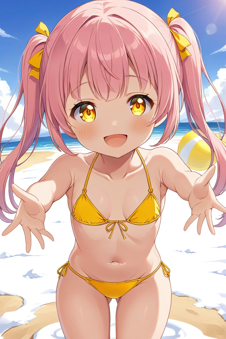 loli, happy face,  yelloe pink hair, twin_tails, yellow_eyes, front_view, snow beach, yellow bikini