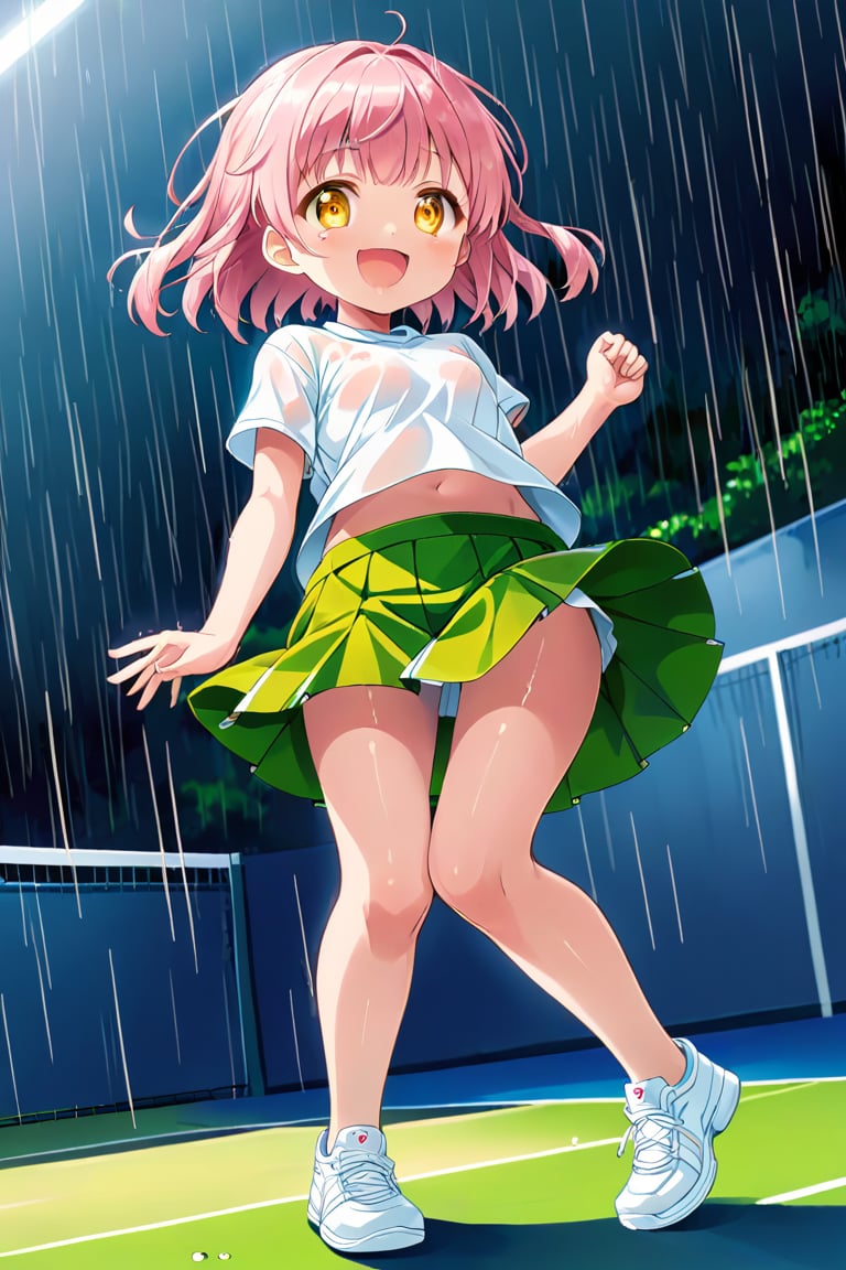 loli , happy face, pink hair, yellow_eyes, down_view, rain tennis, white shirt, green skirt, white shoes, niples