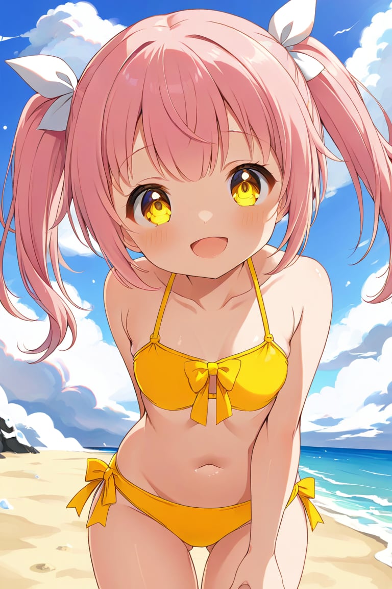 loli, happy face,  yelloe pink hair, twin_tails, yellow_eyes, front_view, snow beach, yellow bikini