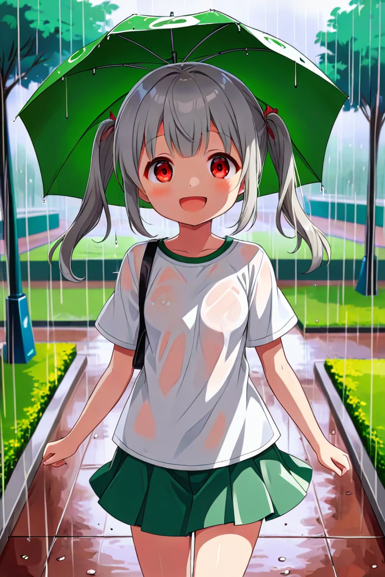 loli , happy face, twintails, gray hair, red_eyes, front_view, rain park, white shirt, green skirt, walking