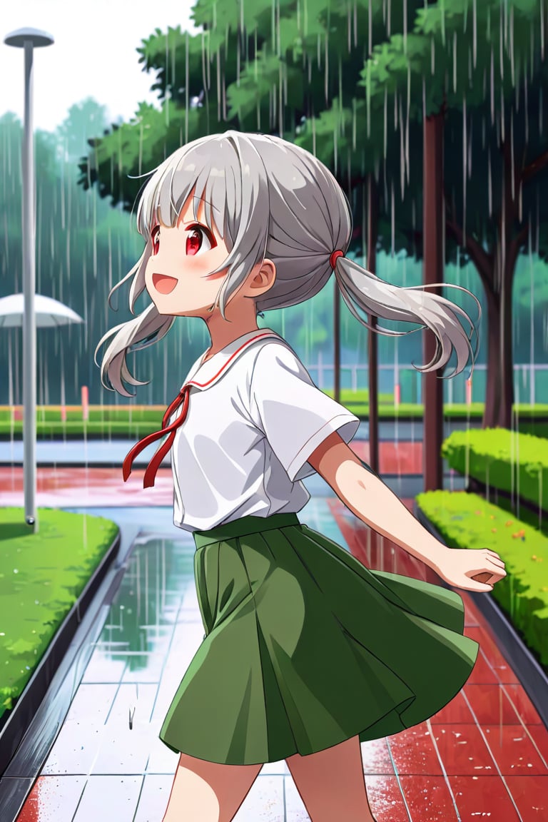 loli , happy face, twintails, gray hair, red_eyes, side_view, rain park, white shirt, green skirt, walking