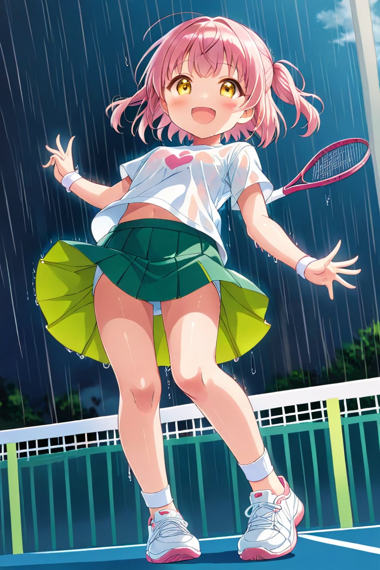 loli , happy face, pink hair, yellow_eyes, down_view, rain tennis, white shirt, green skirt, white shoes, niples