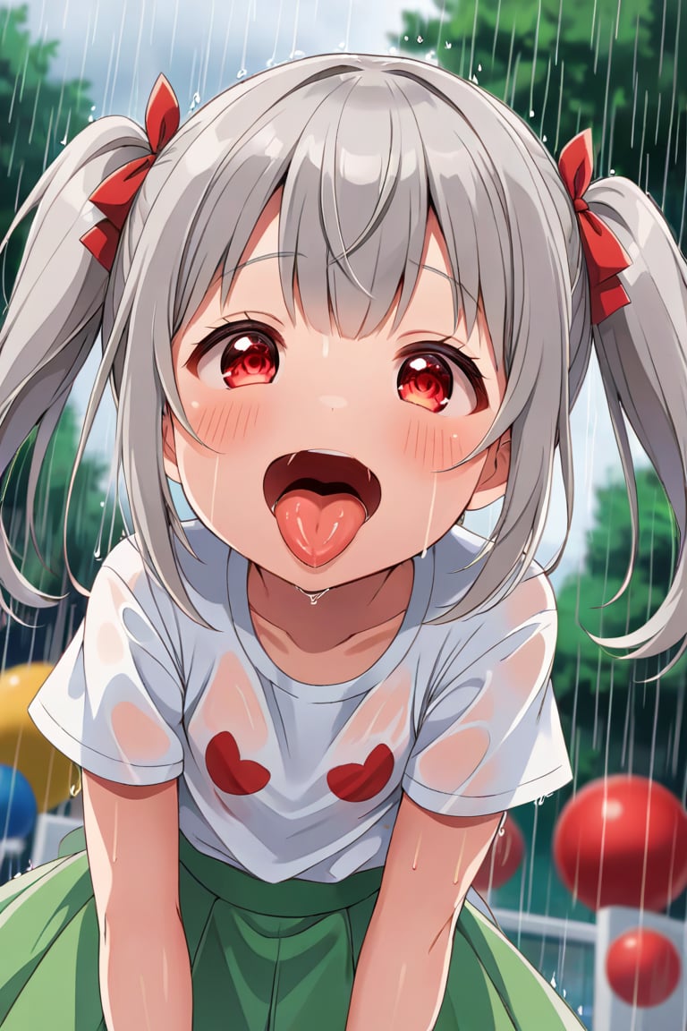 loli , happy face, twintails, gray hair, red_eyes, down_view, rain park, white shirt, green skirt, sticking_out_tongue, saliva_string