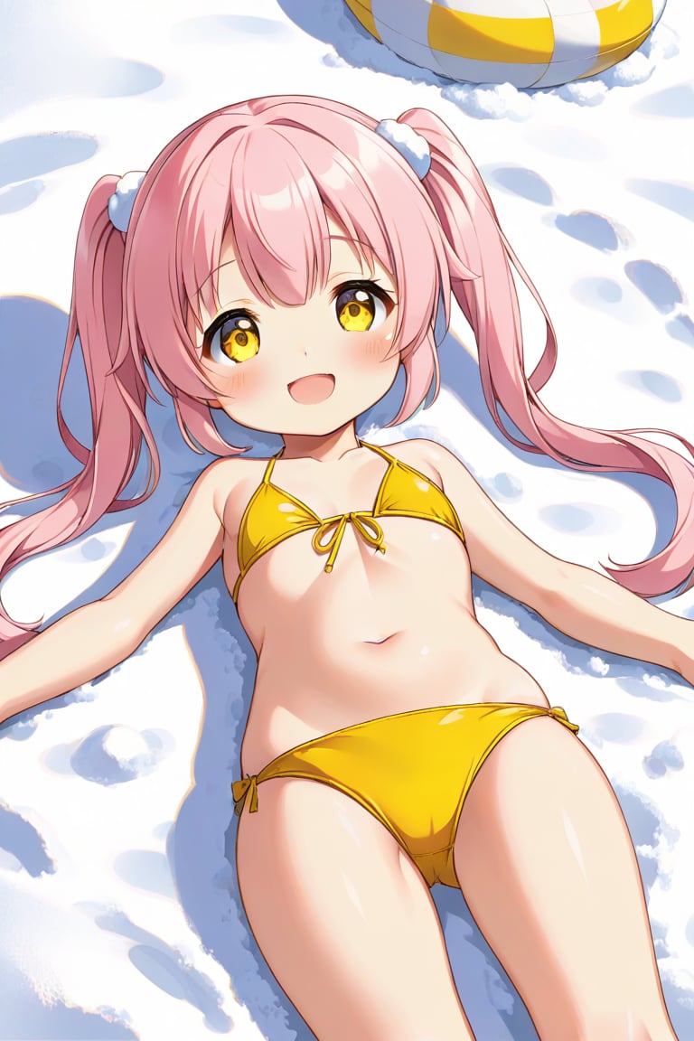 little loli, happy face,  yelloe pink hair, twin_tails, yellow_eyes, front_view, snow beach, yellow bikini, lying