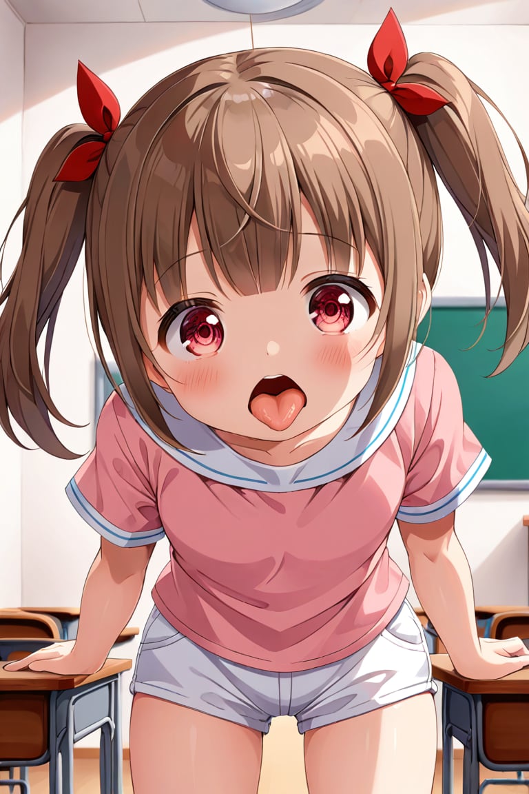 loli , surprise face, brown hair, red_eyes, twintails, down_view, classroom, pink shirt, white shorts, sticking_out_tongue