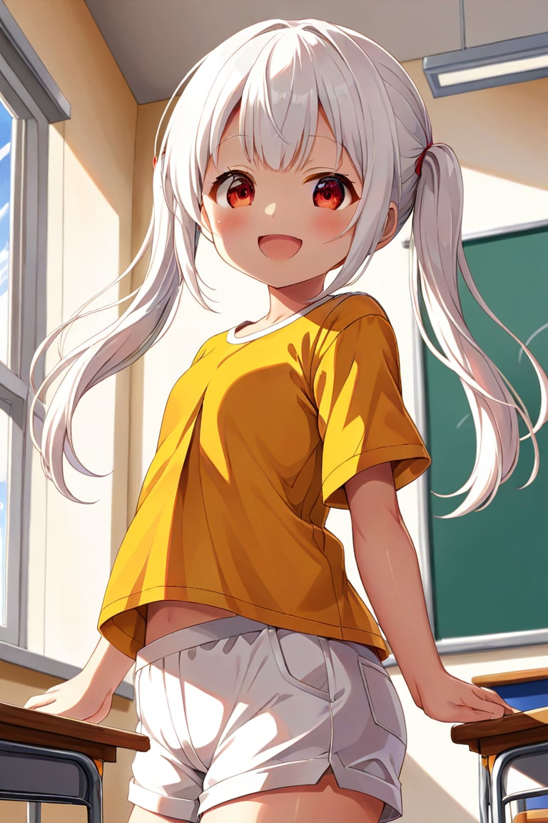 loli , happy face, white hair, red_eyes, twintails, down_view, classroom, yellow shirt, white shorts, 