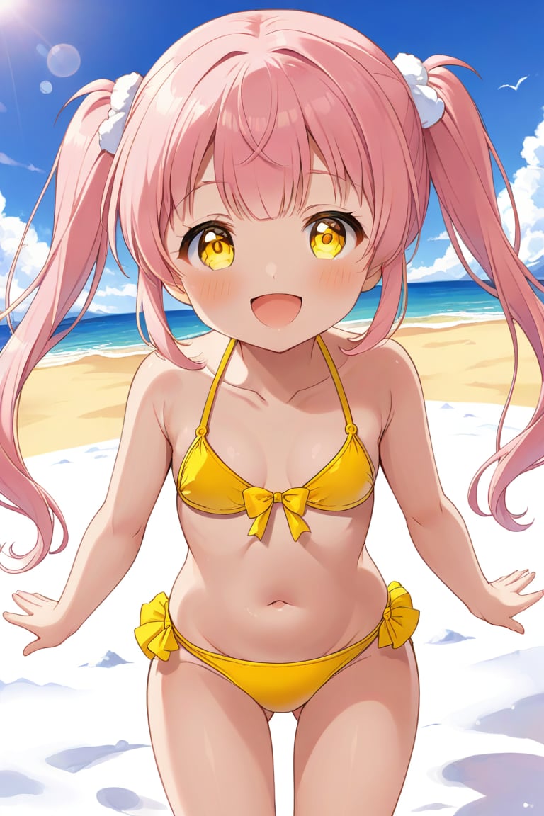 loli, happy face,  yelloe pink hair, twin_tails, yellow_eyes, front_view, snow beach, yellow bikini