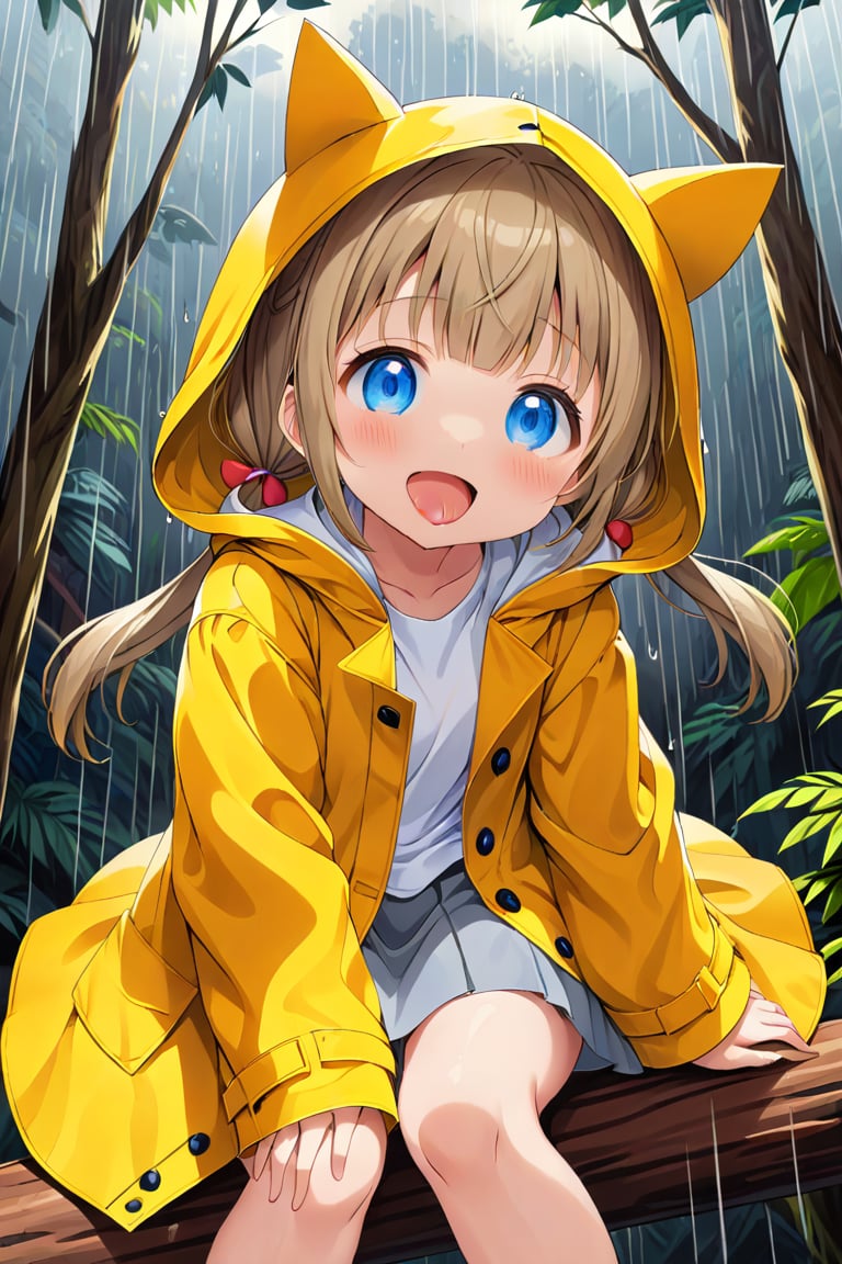 loli , happy face, twintails, yellow brown hair, blue_eyes, down_view, rain forest, white shirt, gray skirt, yellow raincoat, sticking_out_tongue, sitting, leg_spread