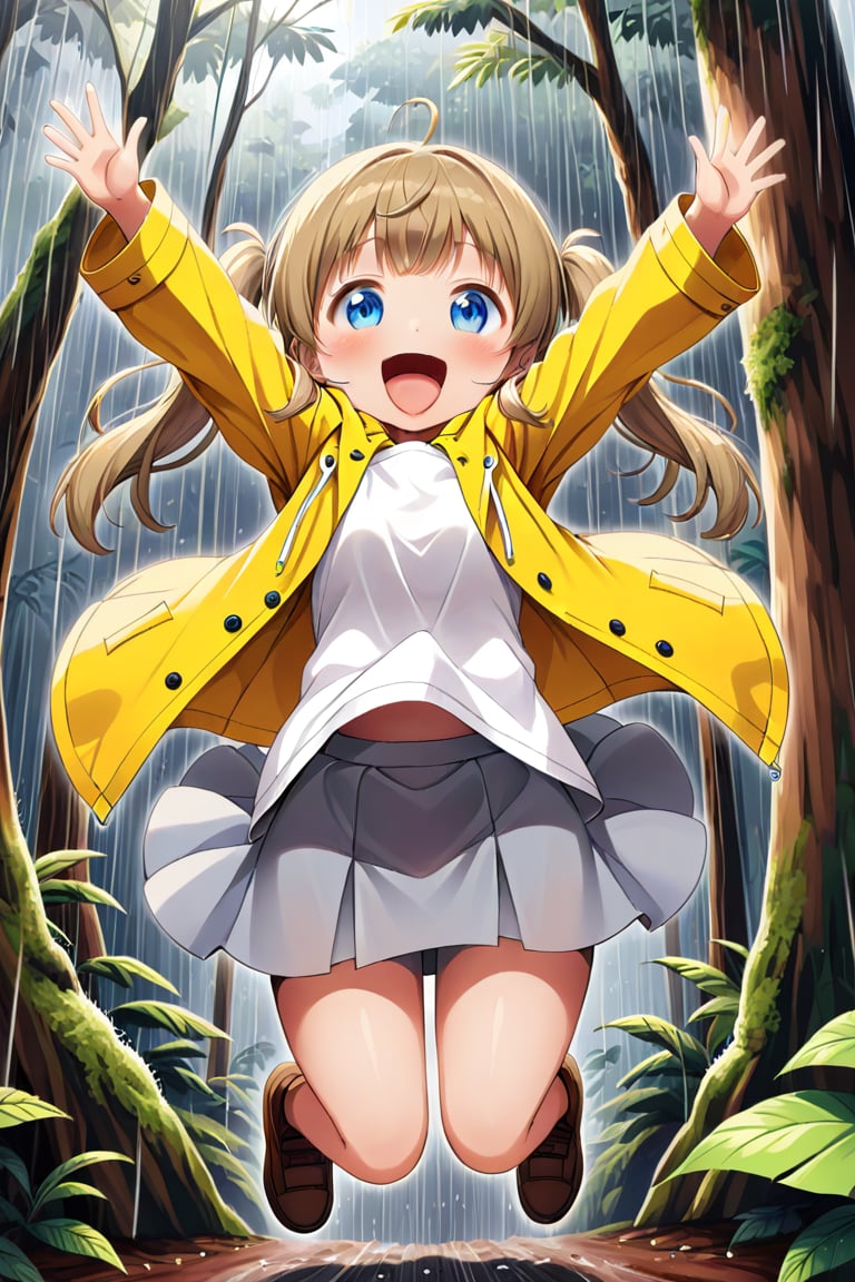 loli , happy face, twintails, yellow brown hair, blue_eyes, down_view, rain forest, white shirt, gray skirt, yellow raincoat, sticking_out_tongue, jumping