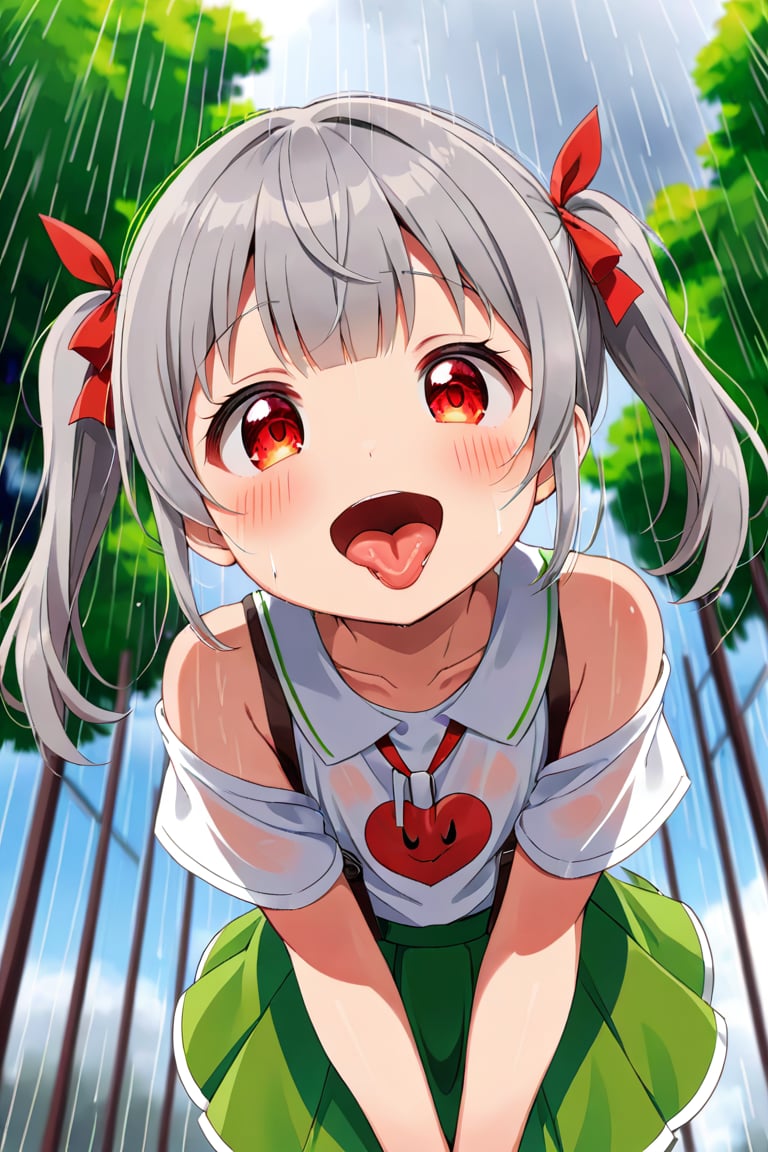 loli , happy face, twintails, gray hair, red_eyes, down_view, rain park, white shirt, green skirt, sticking_out_tongue, drool_string