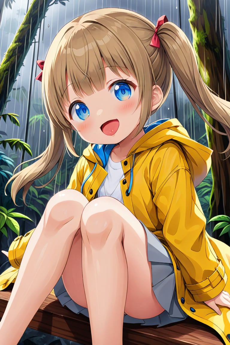 loli , happy face, twintails, yellow brown hair, blue_eyes, down_view, rain forest, white shirt, gray skirt, yellow raincoat, sticking_out_tongue, sitting