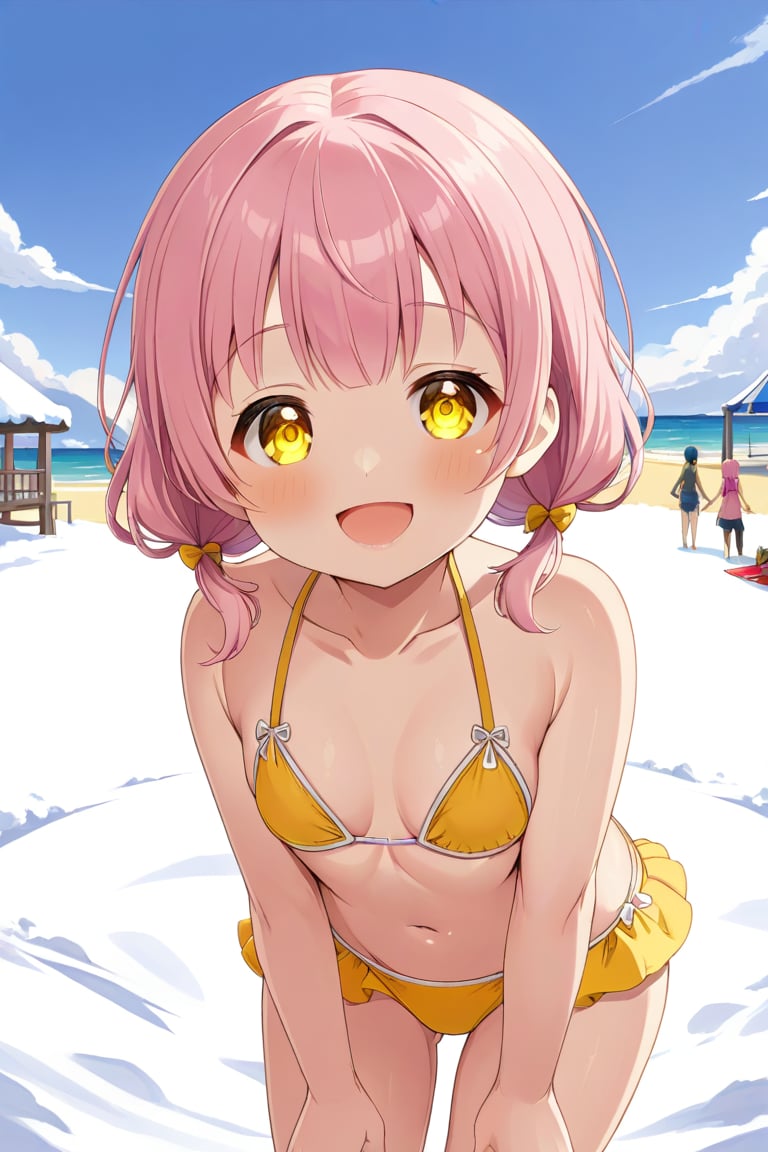 loli, happy face,  yelloe pink hair, yellow_eyes, front_view, snow beach, yellow bikini