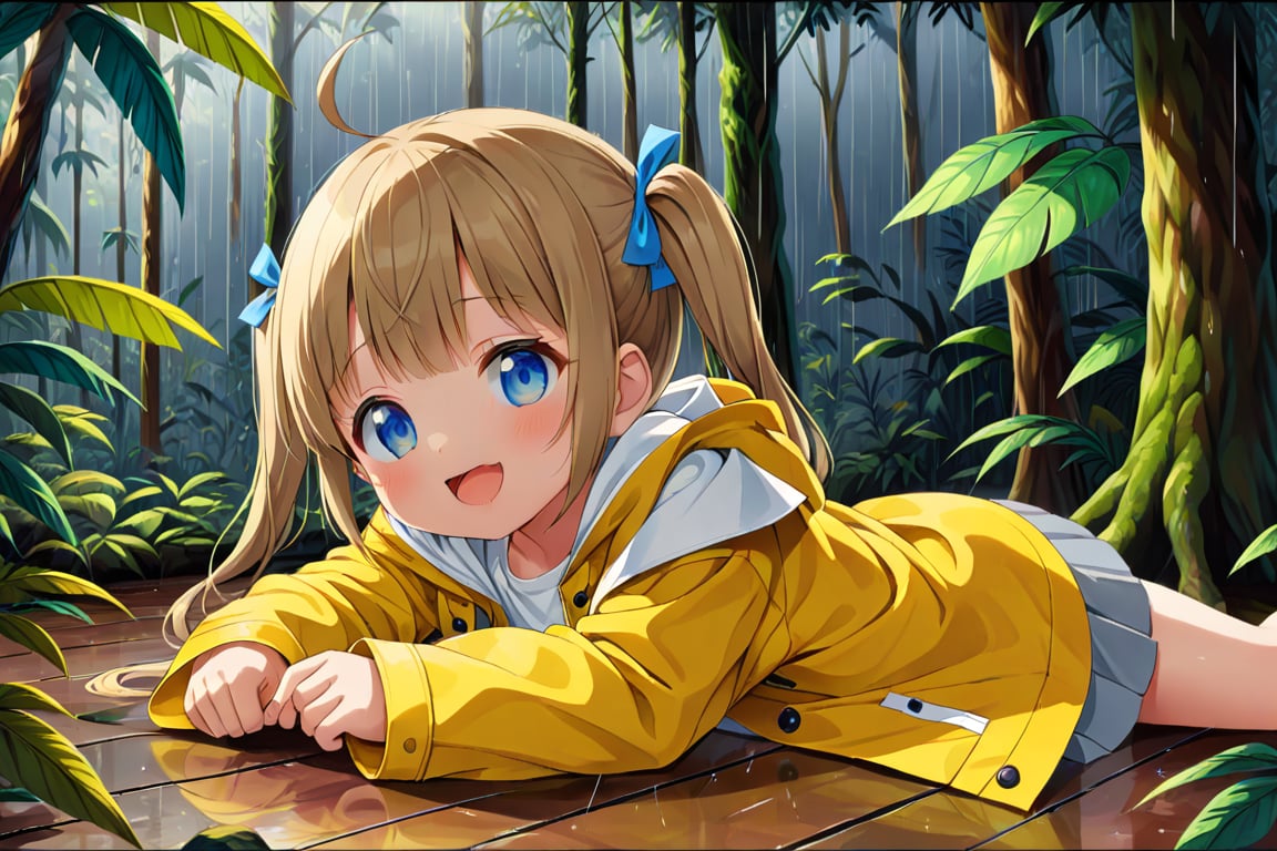 loli , happy face, twintails, yellow brown hair, blue_eyes, side_view, rain forest, white shirt, gray skirt, yellow raincoat, sticking_out_tongue, lying down