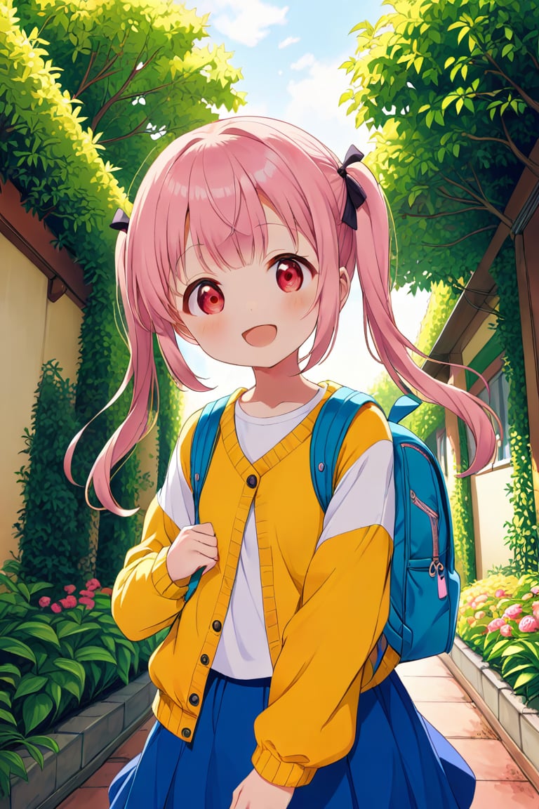 loli, happy face, pink hair, red_eyes, twintails, down_view, green garden, blue skirt, white shirt, yellow sweater, blue backpack