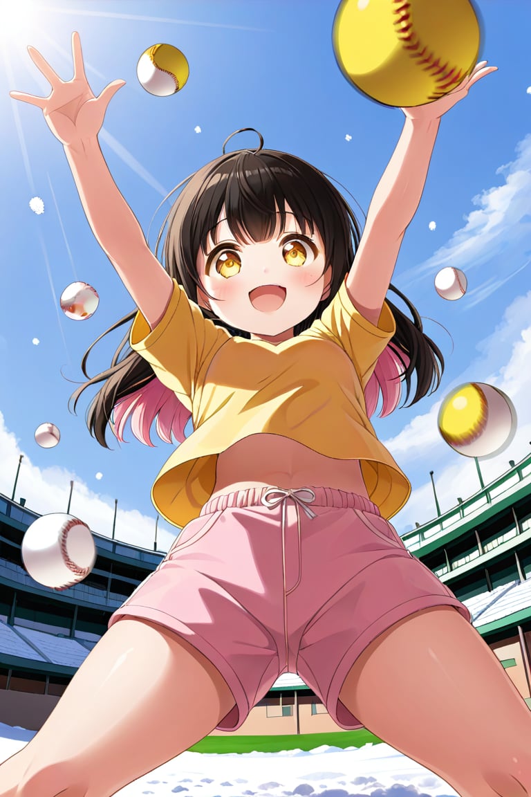 loli, happy face, black hair, yellow_eyes, down_view, snow baseball, pink hair, yellow shirt, brown yellow shorts, throwing balls