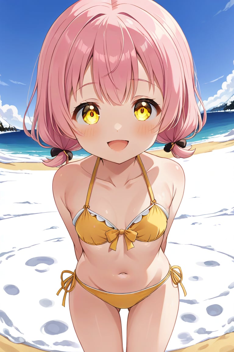 loli, happy face,  yelloe pink hair, yellow_eyes, front_view, snow beach, yellow bikini