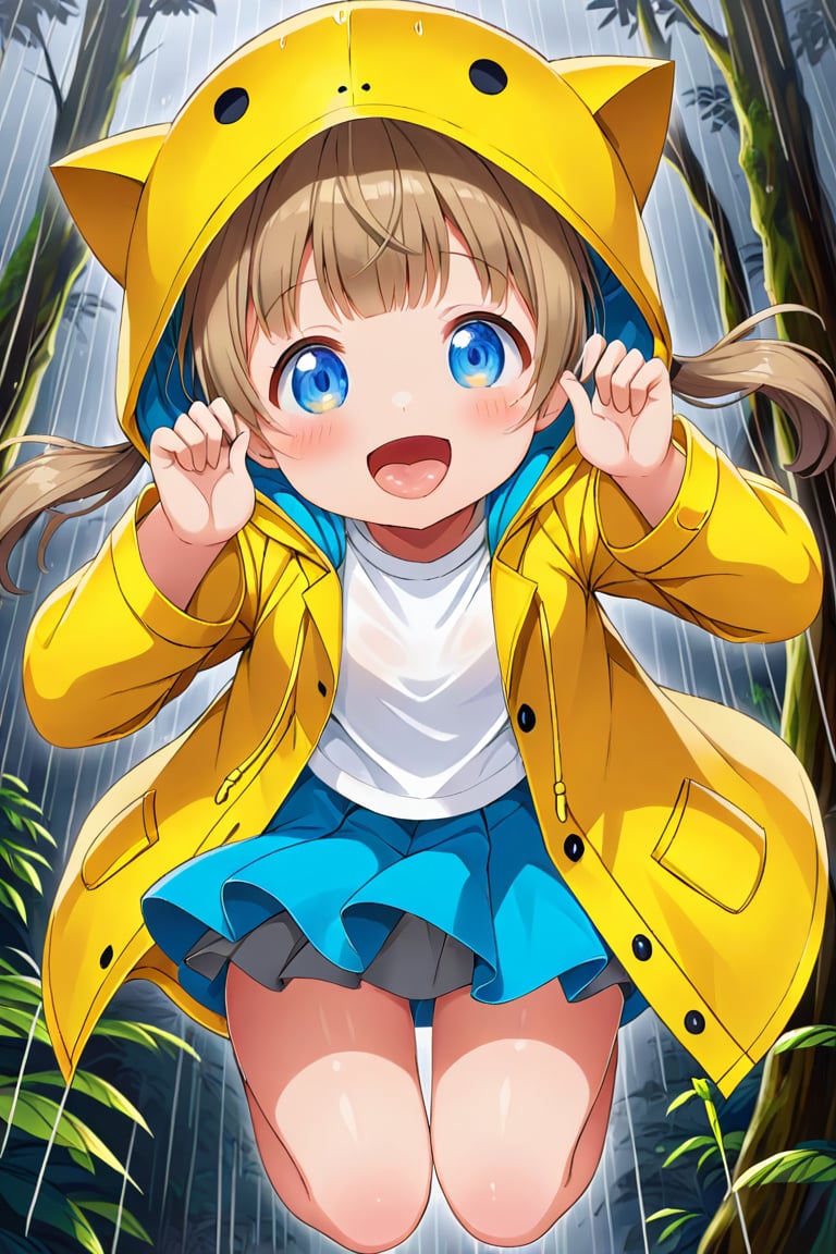 loli , happy face, twintails, yellow brown hair, blue_eyes, down_view, rain forest, white shirt, gray skirt, yellow raincoat, sticking_out_tongue, jumping