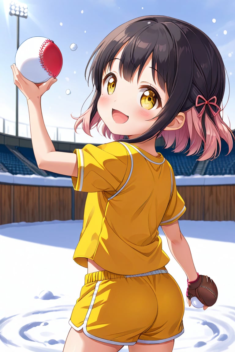 loli, happy face, black hair, yellow_eyes, back_view, snow baseball, pink hair, yellow shirt, brown yellow shorts, throwing balls