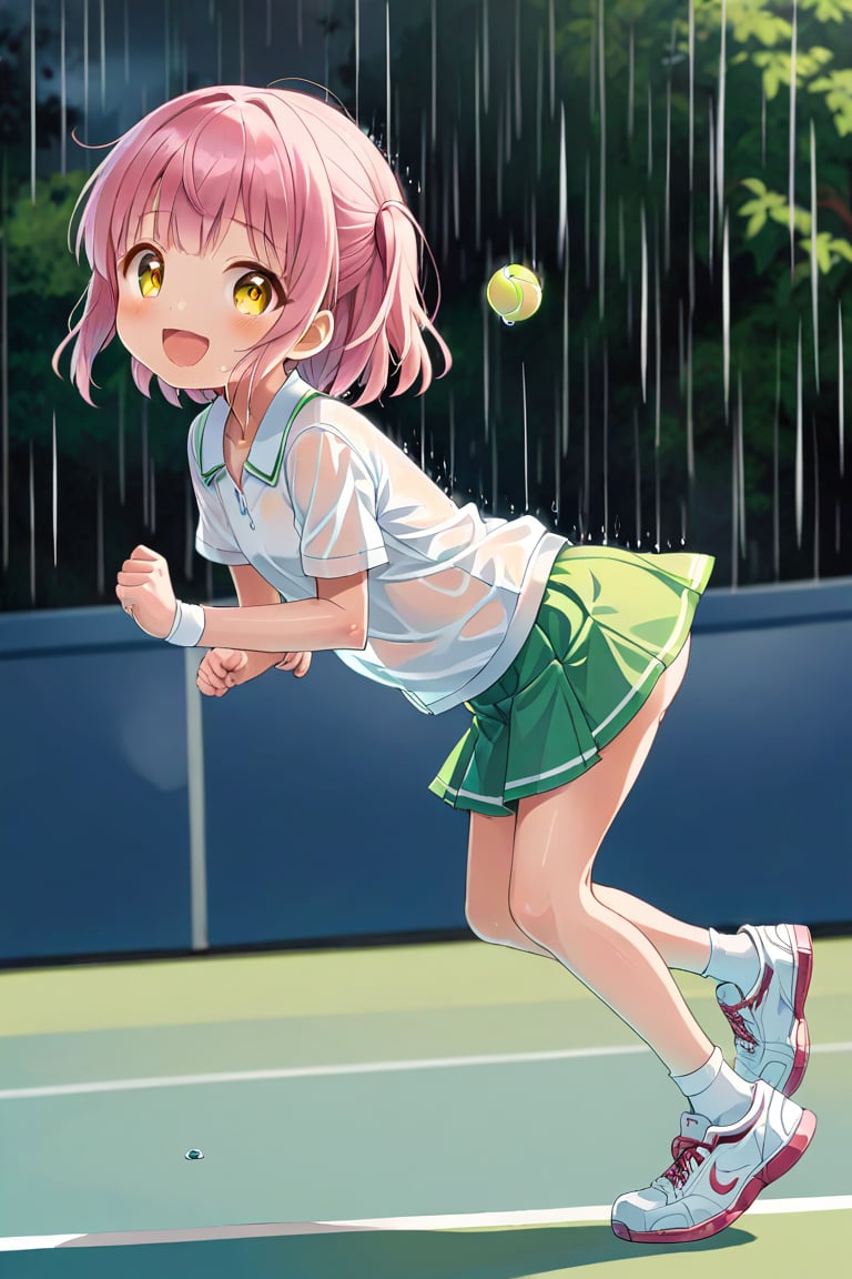 loli , happy face, pink hair, yellow_eyes, side_view, rain tennis, white shirt, green skirt, white shoes, niples