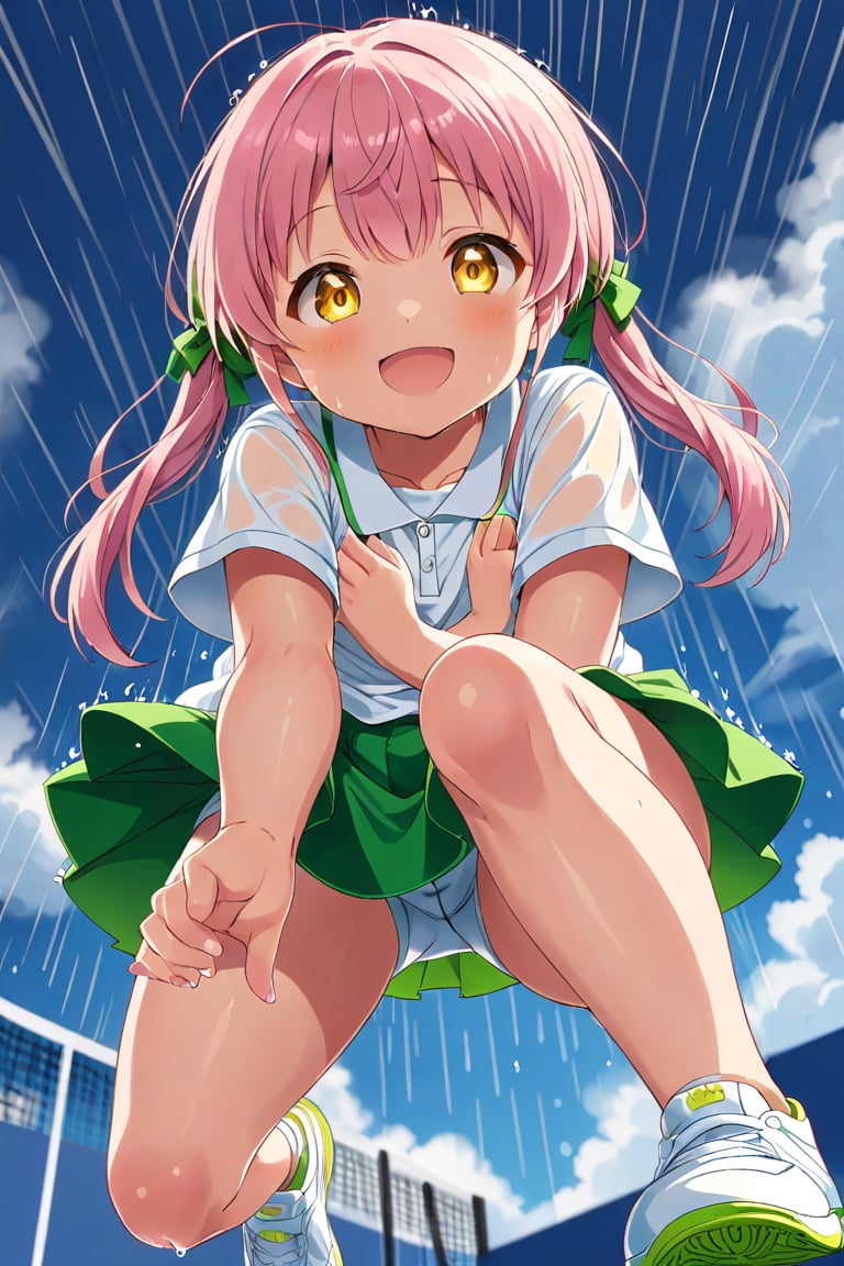 loli , happy face, pink hair, yellow_eyes, down_view, rain tennis, white shirt, green skirt, white shoes, niples