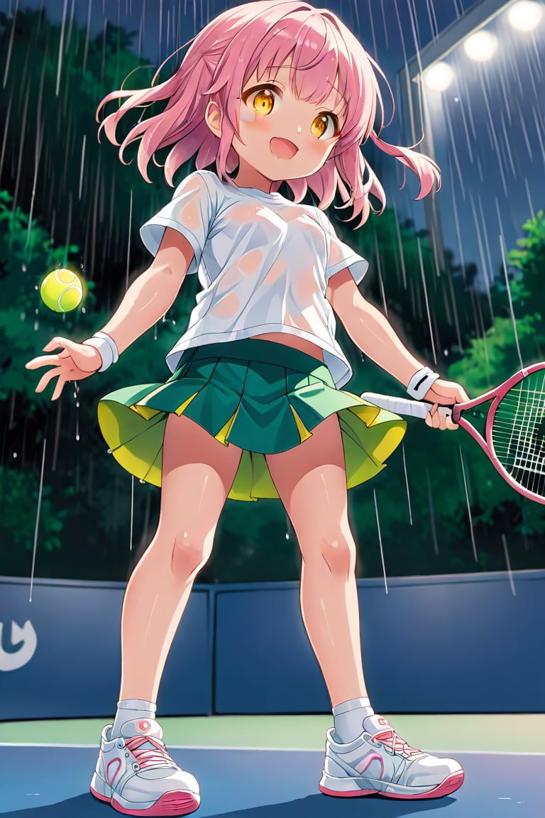 loli , happy face, pink hair, yellow_eyes, down_view, rain tennis, white shirt, green skirt, white shoes, niples