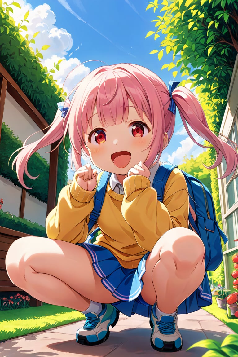 loli, happy face, pink hair, red_eyes, twintails, down_view, green garden, blue skirt, white shirt, yellow sweater, blue backpack, squatting, sticking_out_tongue, arms_raised, 