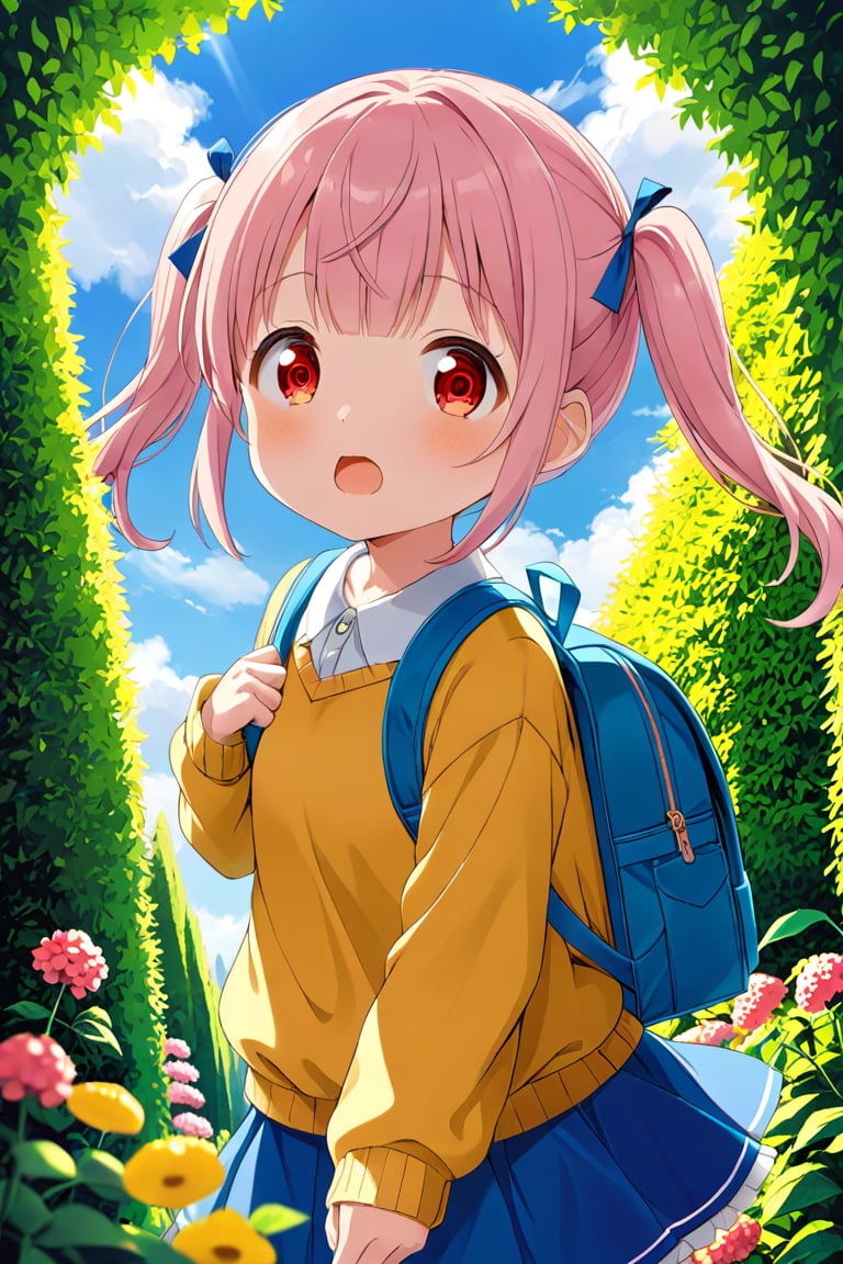 loli, surprise face, pink hair, red_eyes, twintails, down_view, green garden, blue skirt, white shirt, yellow sweater, blue backpack