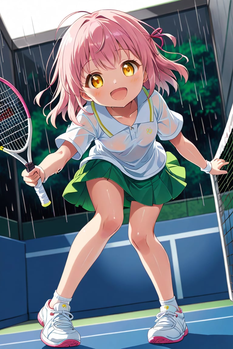 loli , happy face, pink hair, yellow_eyes, down_view, rain tennis, white shirt, green skirt, white shoes, niples