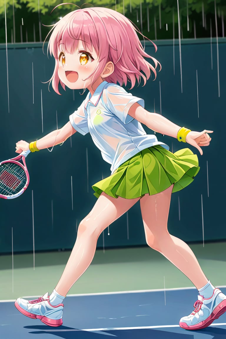 loli , happy face, pink hair, yellow_eyes, side_view, rain tennis, white shirt, green skirt, white shoes, niples