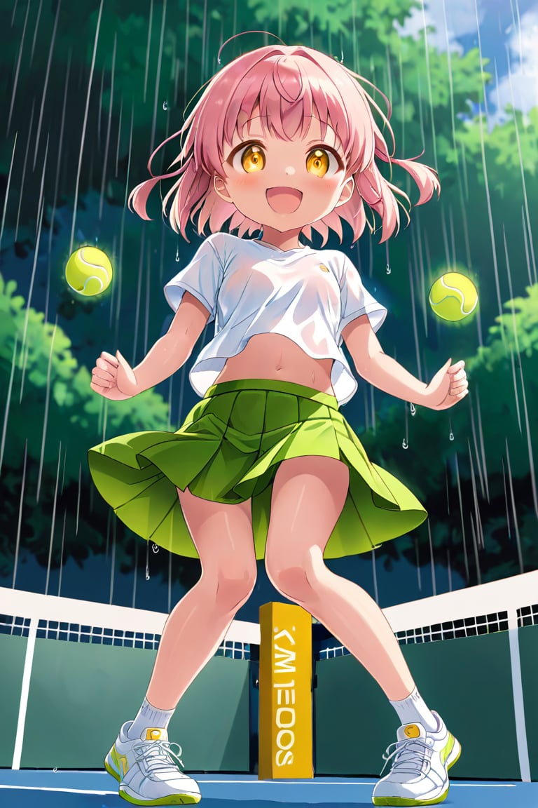 loli , happy face, pink hair, yellow_eyes, down_view, rain tennis, white shirt, green skirt, white shoes, niples