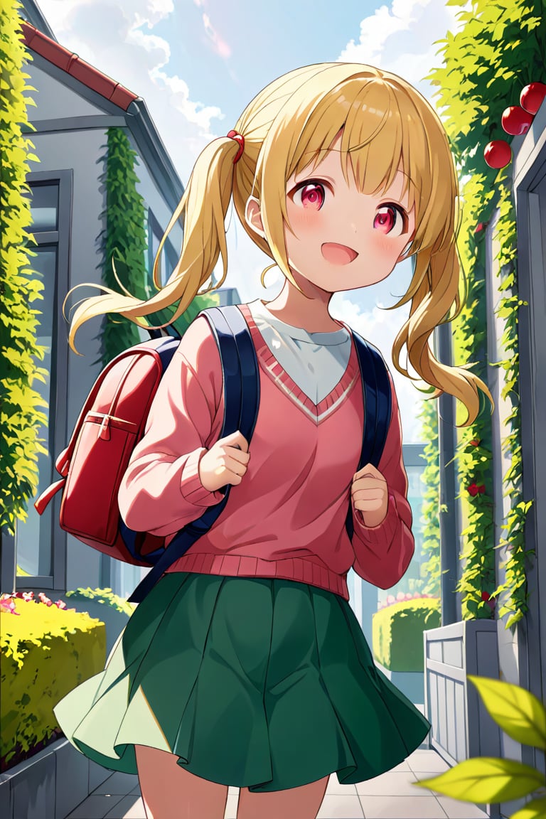 loli, happy face, yellow hair, red_eyes, twintails, down_view, gray garden, green skirt, white shirt, red sweater, pink backpack, 