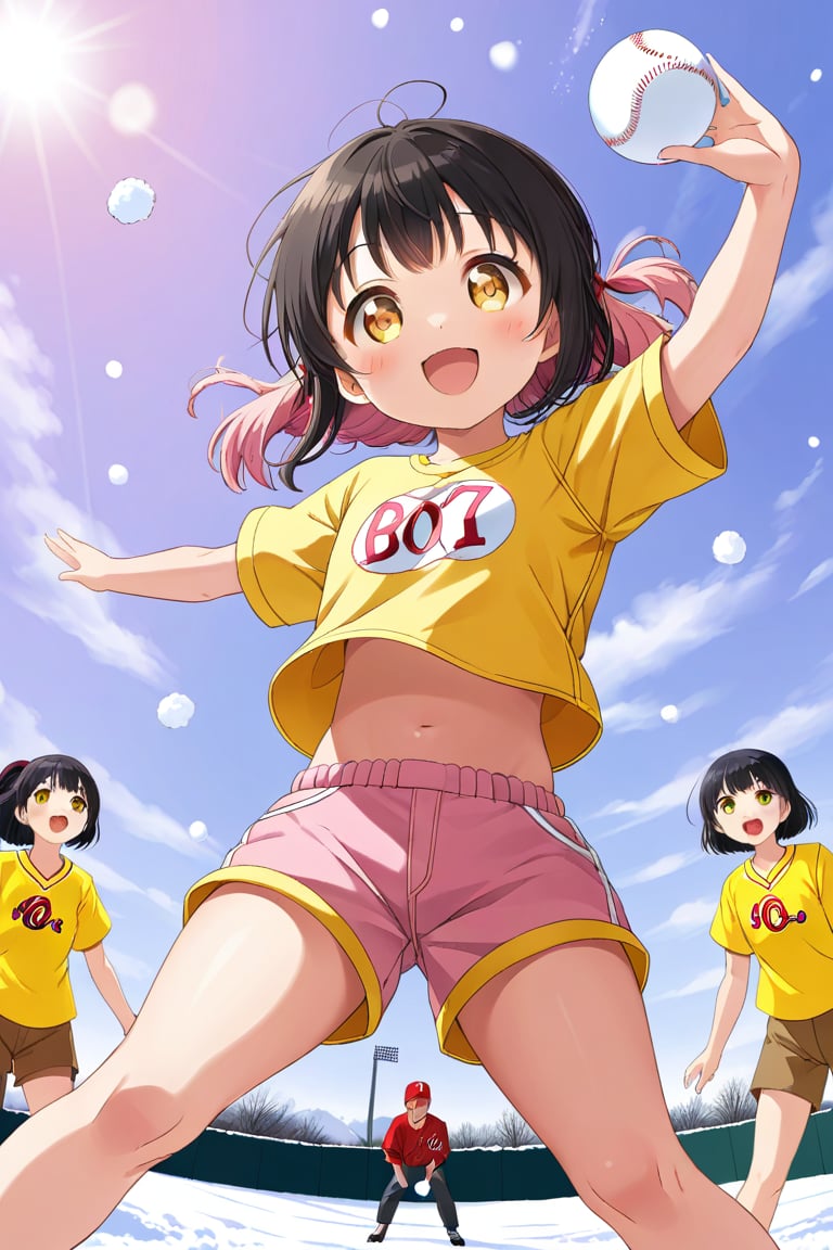 loli, happy face, black hair, yellow_eyes, down_view, snow baseball, pink hair, yellow shirt, brown yellow shorts, throwing balls