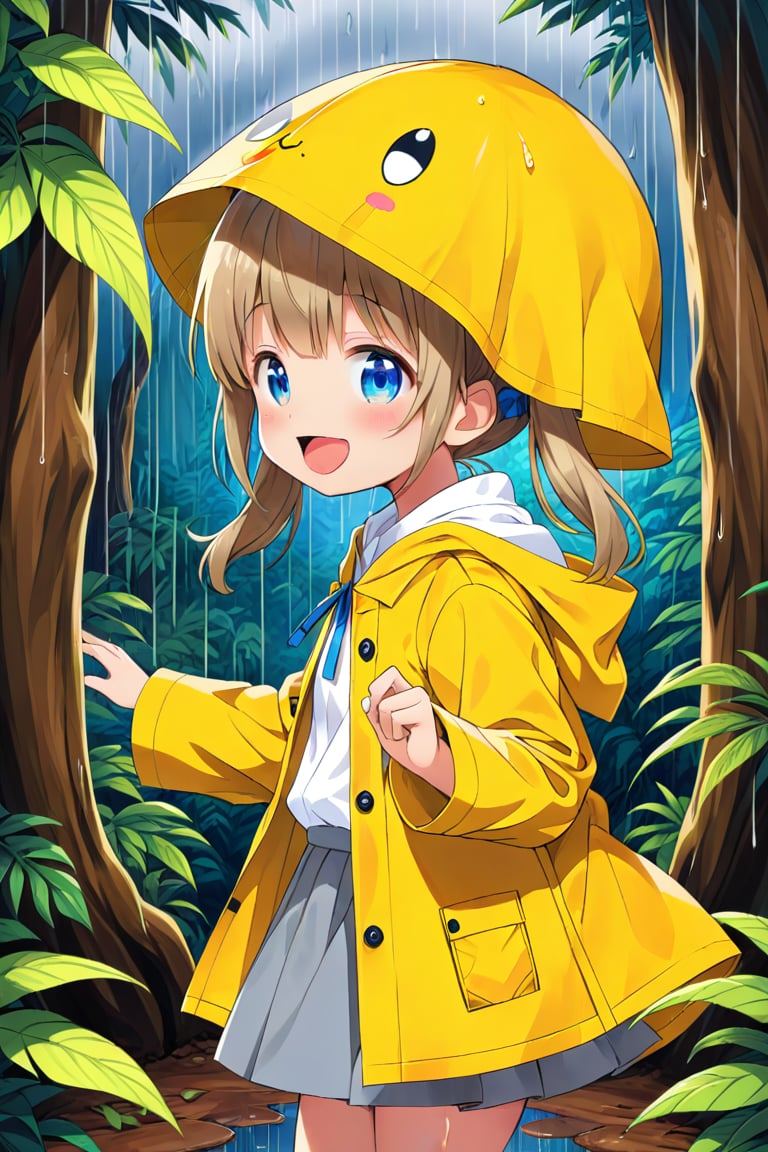 loli , happy face, twintails, yellow brown hair, blue_eyes, side_view, rain forest, white shirt, gray skirt, yellow raincoat, sticking_out_tongue