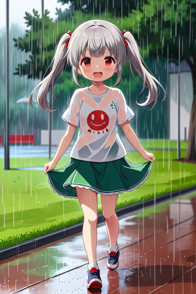 loli , happy face, twintails, gray hair, red_eyes, front_view, rain park, white shirt, green skirt, walking