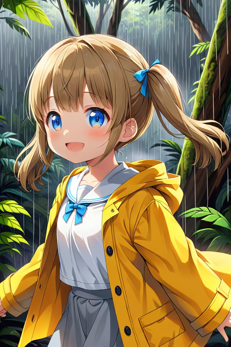 loli , happy face, twintails, yellow brown hair, blue_eyes, side_view, rain forest, white shirt, gray skirt, yellow raincoat