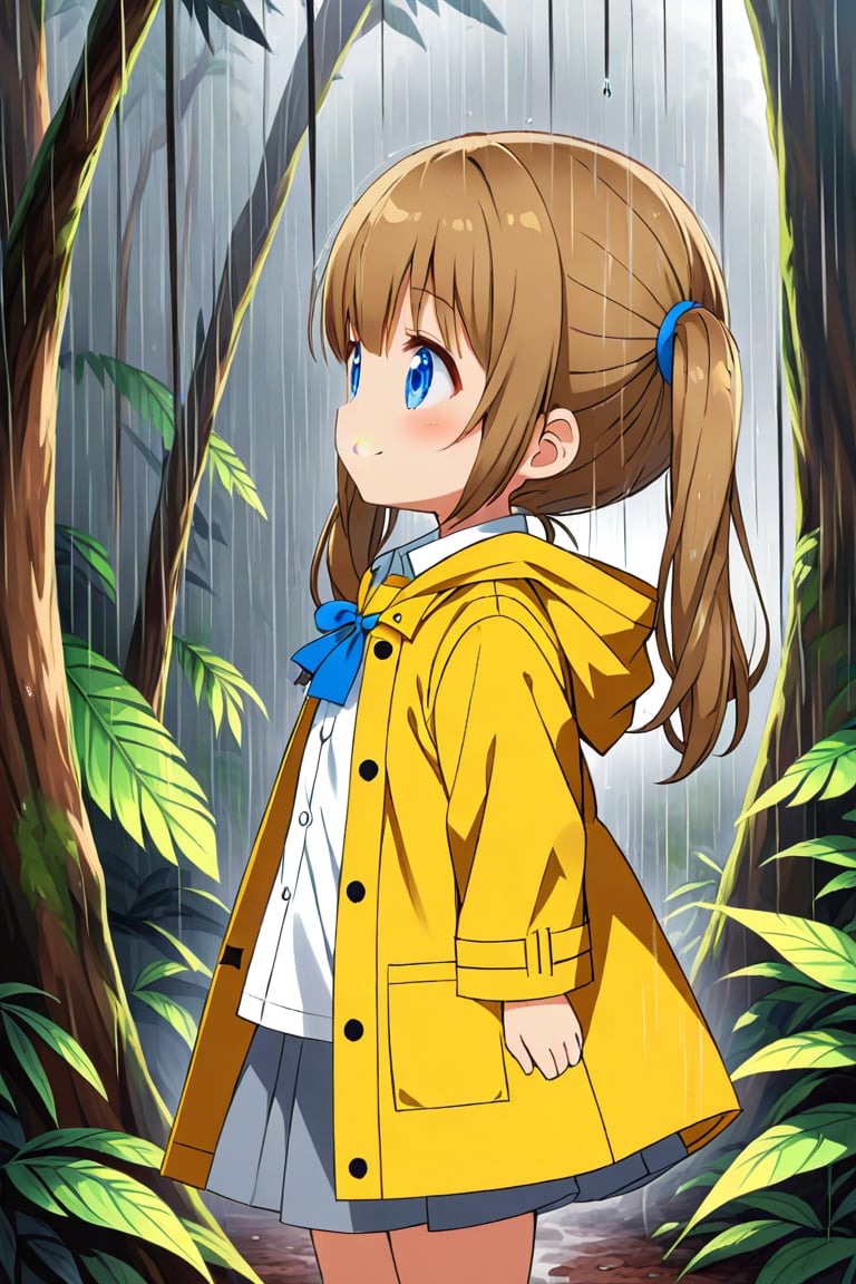 loli , happy face, twintails, yellow brown hair, blue_eyes, side_view, rain forest, white shirt, gray skirt, yellow raincoat