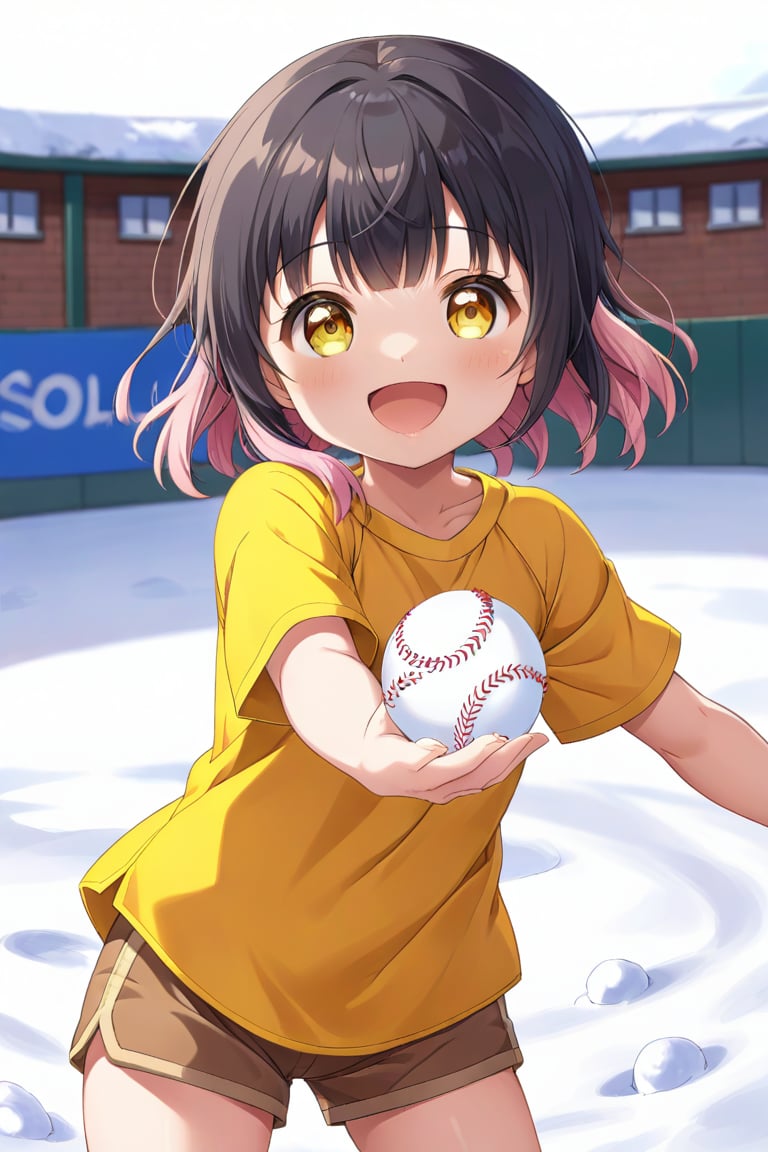 loli, happy face, black hair, yellow_eyes, front_view, snow baseball, pink hair, yellow shirt, brown yellow shorts, 