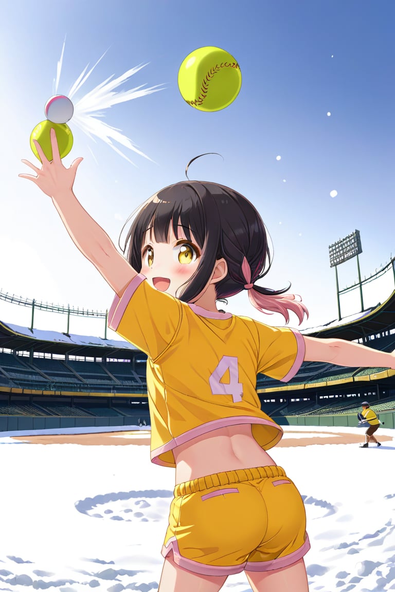 loli, happy face, black hair, yellow_eyes, back_view, snow baseball, pink hair, yellow shirt, brown yellow shorts, throwing balls