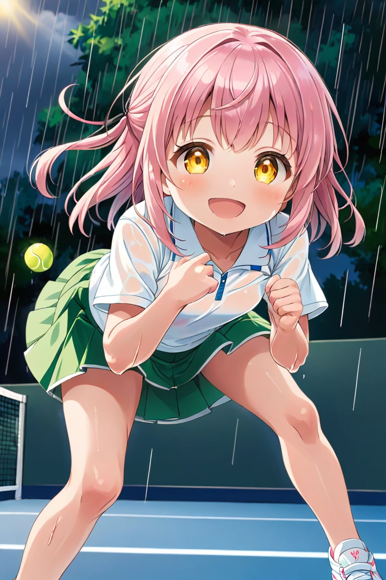 loli , happy face, pink hair, yellow_eyes, down_view, rain tennis, white shirt, green skirt, white shoes, niples