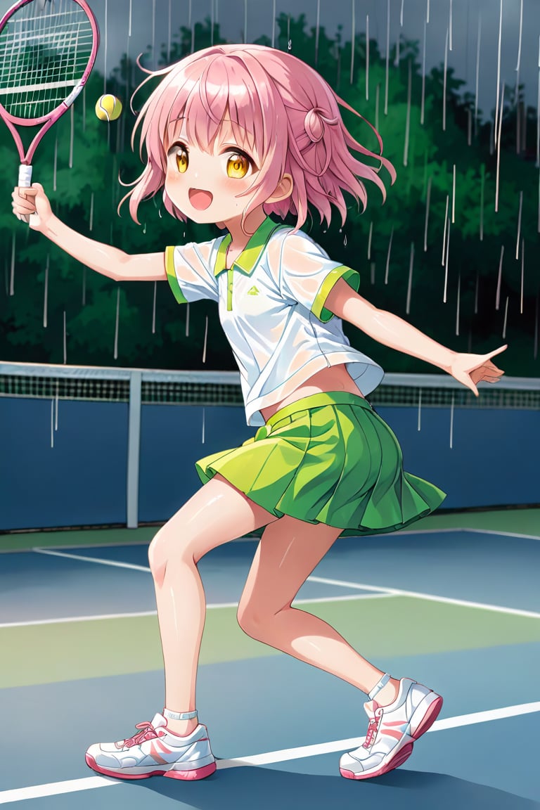 loli , happy face, pink hair, yellow_eyes, side_view, rain tennis, white shirt, green skirt, white shoes, niples