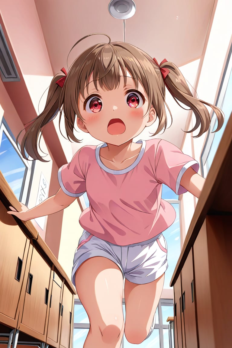 loli , surprise face, brown hair, red_eyes, twintails, down_view, classroom, pink shirt, white shorts, running