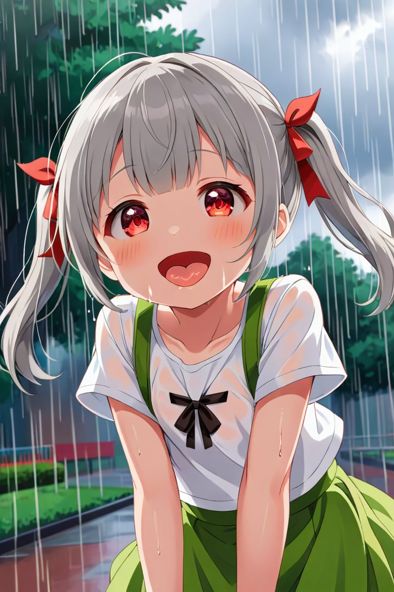 loli , happy face, twintails, gray hair, red_eyes, down_view, rain park, white shirt, green skirt, sticking_out_tongue