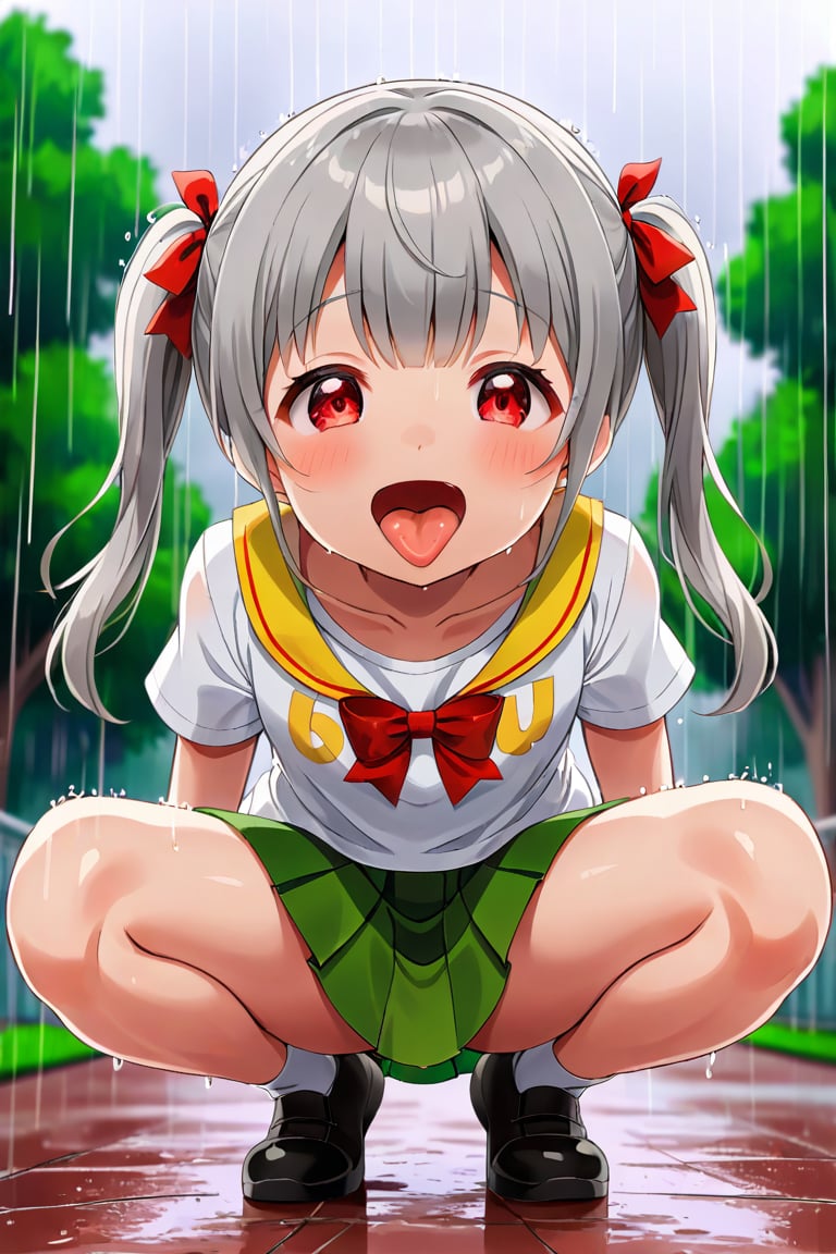 loli , happy face, twintails, gray hair, red_eyes, down_view, rain park, white shirt, green skirt, squatting, sticking_out_tongue, 