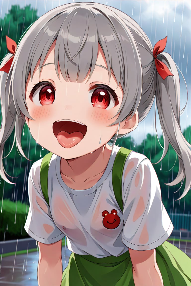 loli , happy face, twintails, gray hair, red_eyes, down_view, rain park, white shirt, green skirt, sticking_out_tongue