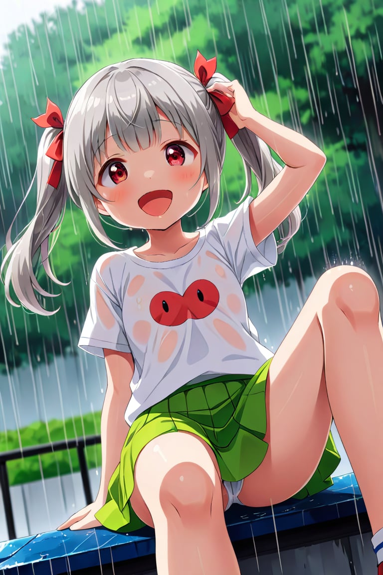 loli , happy face, twintails, gray hair, red_eyes, down_view, rain park, white shirt, green skirt, sitting, sticking_out_tongue, leg_spread