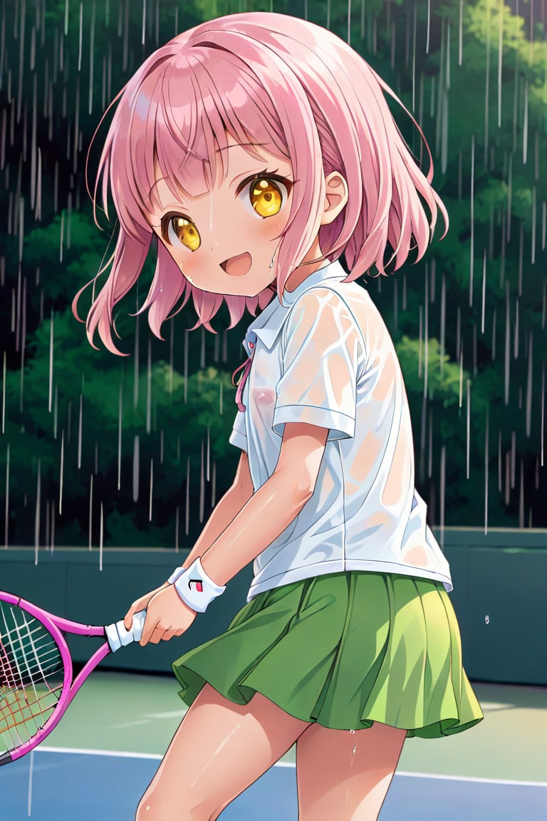 loli , happy face, pink hair, yellow_eyes, side_view, rain tennis, white shirt, green skirt, white shoes, niples