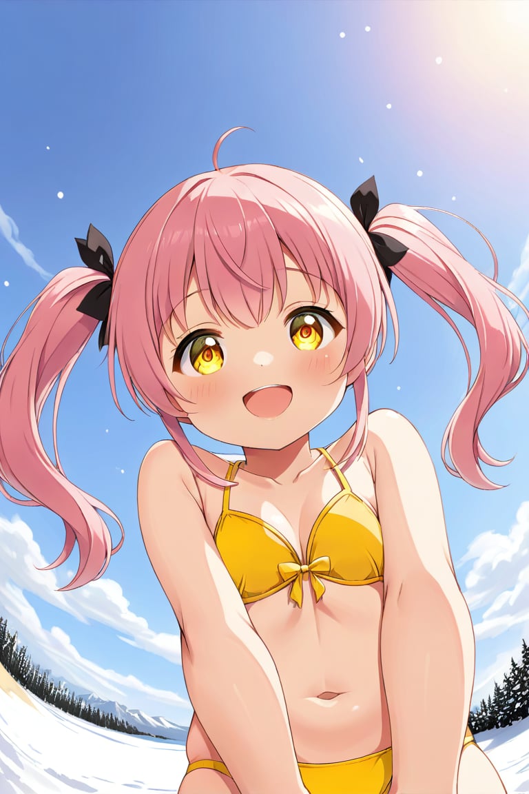 loli, happy face,  yelloe pink hair, twin_tails, yellow_eyes, down_view, snow beach, yellow bikini